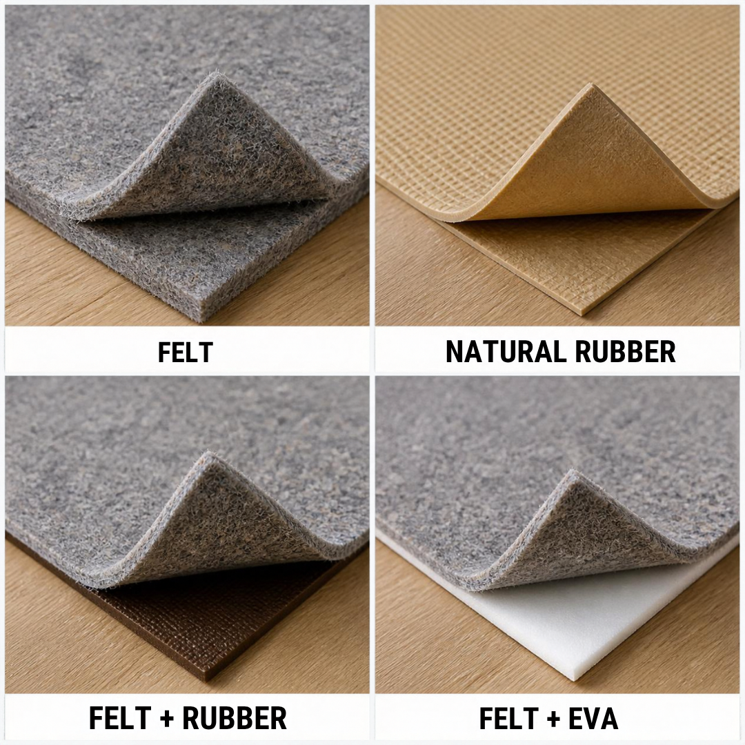 Four rug pad types compared: felt, natural rubber, felt with a rubber back and felt with an EVA foam back